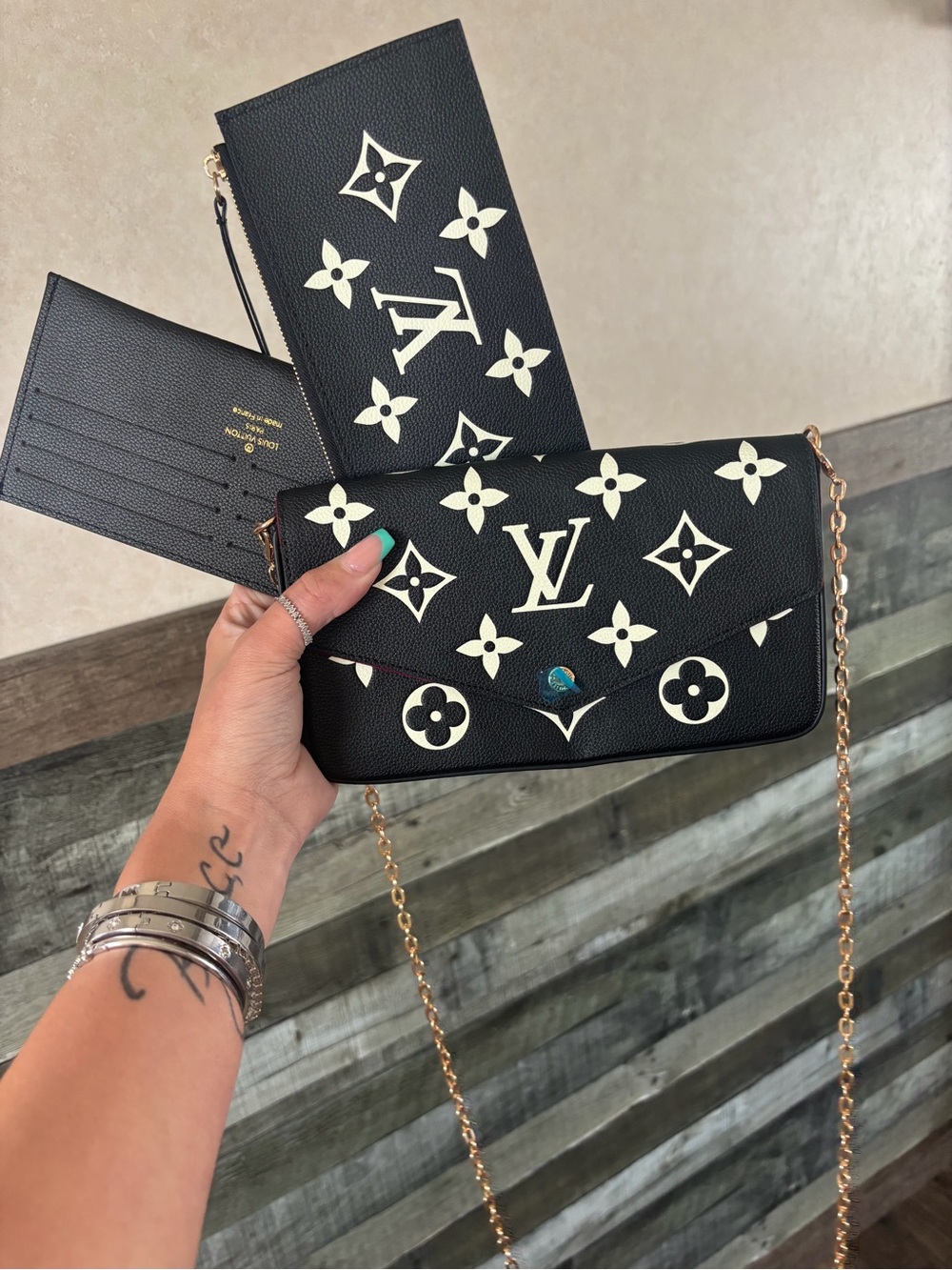 LV Black Crossbody Bag with White Monogram Print and Gold Chain